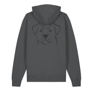 Black outline illustration of the head of a Rottweiler on the back of an anthracite grey unisex Hoodie