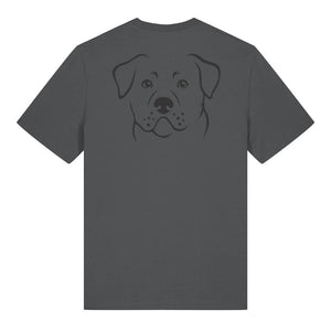 Black outline illustration of the head of a Rottweiler on the back of an anthracite grey unisex t-shirt