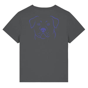 Blue outline illustration of the head of a Rottweiler on the back of an anthracite grey ladies t-shirt