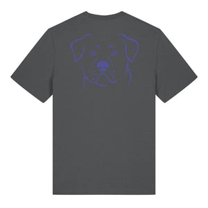 Blue outline illustration of the head of a Rottweiler on the back of an anthracite grey unisex t-shirt