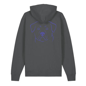 Blue outline illustration of the head of a Rottweiler on the back of an anthracite grey unisex Hoodie