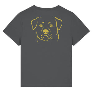 Gold outline illustration of the head of a Rottweiler on the back of an anthracite grey ladies t-shirt