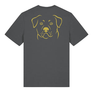 Gold outline illustration of the head of a Rottweiler on the back of an anthracite grey unisex t-shirt