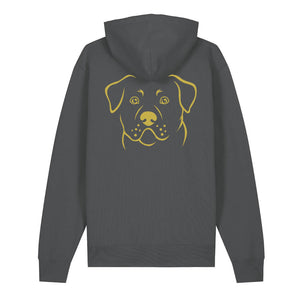 Gold outline illustration of the head of a Rottweiler on the back of an anthracite grey unisex Hoodie