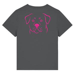 Magenta outline illustration of the head of a Rottweiler on the back of an anthracite grey ladies t-shirt