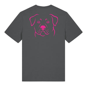 Magenta outline illustration of the head of a Rottweiler on the back of an anthracite grey unisex t-shirt
