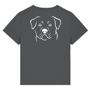 White outline illustration of the head of a Rottweiler on the back of an anthracite grey ladies t-shirt