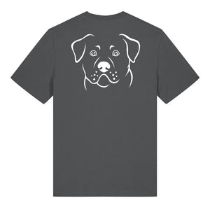 White outline illustration of the head of a Rottweiler on the front of an anthracite grey unisex t-shirt