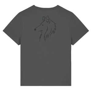 Black outline illustration of the head of a Rough Collie on the back of an anthracite grey ladies t-shirt