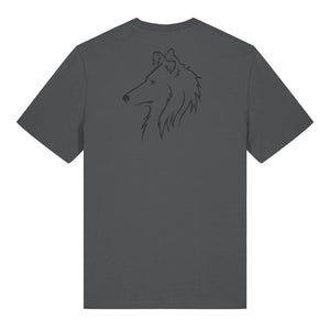 Black outline illustration of the head of a Rough Collie on the back of an anthracite grey unisex t-shirt