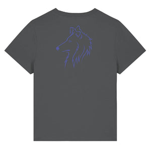 Blue outline illustration of the head of a Rough Collie on the back of an anthracite grey ladies t-shirt