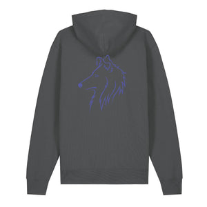 Blue outline illustration of the head of a Rough Collie on the back of an anthracite grey unisex Hoodie