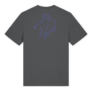 Blue outline illustration of the head of a Rough Collie on the back of an anthracite grey unisex t-shirt
