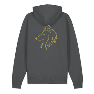 Gold outline illustration of the head of a Rough Collie on the back of an anthracite grey unisex Hoodie