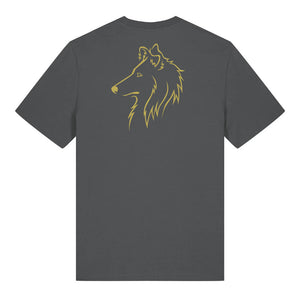 Gold outline illustration of the head of a Rough Collie on the back of an anthracite grey unisex t-shirt