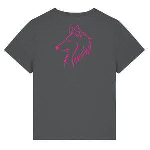 Magenta outline illustration of the head of a Rough Collie on the back of an anthracite grey ladies t-shirt