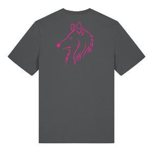 Magenta outline illustration of the head of a Rough Collie on the back of an anthracite grey unisex t-shirt