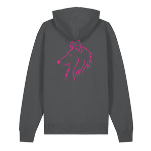 Magenta outline illustration of the head of a Rough Collie on the back of an anthracite grey unisex Hoodie