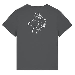 White outline illustration of the head of a Rough Collie on the back of an anthracite grey ladies t-shirt