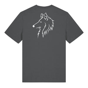 White outline illustration of the head of a Rough Collie on the back of an anthracite grey unisex t-shirt