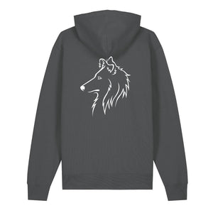 White outline illustration of the head of a Rough Collie on the back of an anthracite grey unisex Hoodie