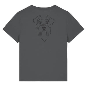 Black outline illustration of the head of a Schnauzer on the back of an anthracite grey ladies t-shirt