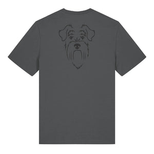 Black outline illustration of the head of a Schnauzer on the back of an anthracite grey unisex t-shirt