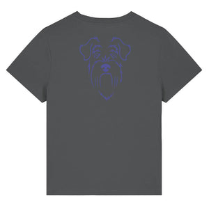 Blue outline illustration of the head of a Schnauzer on the back of an anthracite grey ladies t-shirt
