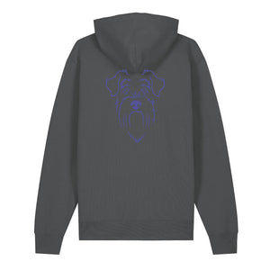 Blue outline illustration of the head of a Schnauzer on the back of an anthracite grey unisex Hoodie