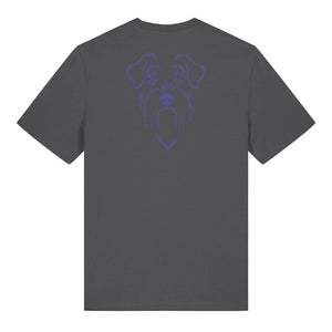 Blue outline illustration of the head of a Schnauzer on the back of an anthracite grey unisex t-shirt