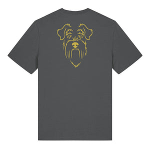 Gold outline illustration of the head of a Schnauzer on the back of an anthracite grey unisex t-shirt