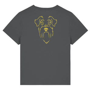 Gold outline illustration of the head of a Schnauzer on the back of an anthracite grey ladies t-shirt