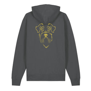 Gold outline illustration of the head of a Schnauzer on the back of an anthracite grey unisex Hoodie