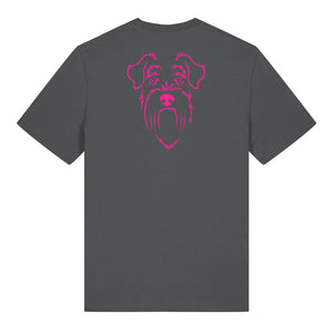 Magenta outline illustration of the head of a Schnauzer on the back of an anthracite grey unisex t-shirt