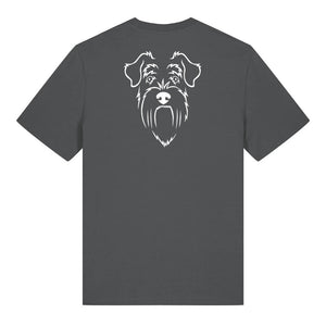 White outline illustration of the head of a Schnauzer on the back of an anthracite grey unisex t-shirt