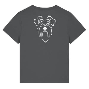 White outline illustration of the head of a Schnauzer on the back of an anthracite grey ladies t-shirt