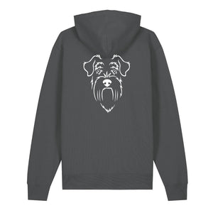 White outline illustration of the head of a Schnauzer on the back of an anthracite grey unisex Hoodie