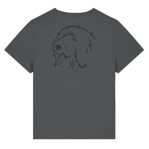Black outline illustration of the head of an Old English Sheepdog on the back of an anthracite grey ladies t-shirt