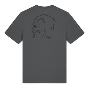 Black outline illustration of the head of an Old English Sheepdog on the back of an anthracite grey unisex t-shirt
