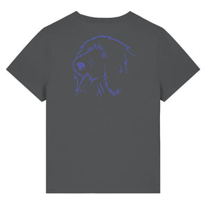 Blue outline illustration of the head of an Old English Sheepdog on the back of an anthracite grey ladies t-shirt