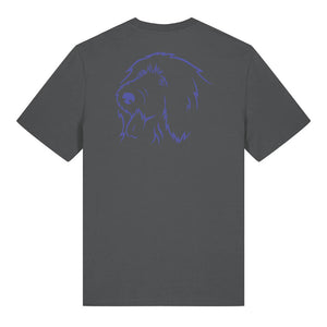 Blue outline illustration of the head of an Old English Sheepdog on the back of an anthracite grey unisex t-shirt