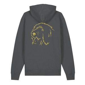 Gold outline illustration of the head of an Old English Sheepdog on the back of an anthracite grey unisex Hoodie