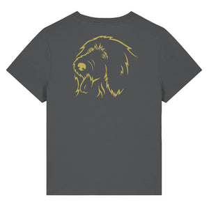 Gold outline illustration of the head of an Old English Sheepdog on the back of an anthracite grey ladies t-shirt