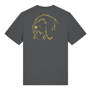 Gold outline illustration of the head of an Old English Sheepdog on the back of an anthracite grey unisex t-shirt