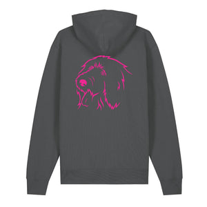 Magenta outline illustration of the head of an Old English Sheepdog on the back of an anthracite grey unisex Hoodie