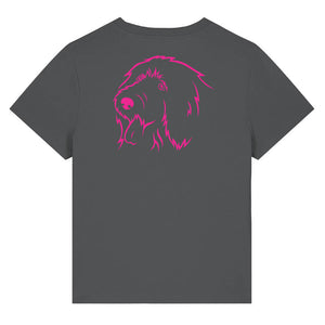 Magenta outline illustration of the head of an Old English Sheepdog on the back of an anthracite grey ladies t-shirt