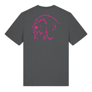 Magenta outline illustration of the head of an Old English Sheepdog on the back of an anthracite grey unisex t-shirt
