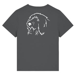White outline illustration of the head of an Old English Sheepdog on the back of an anthracite grey ladies t-shirt