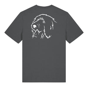White outline illustration of the head of an Old English Sheepdog on the back of an anthracite grey unisex t-shirt