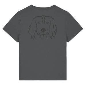 Black outline illustration of the head of a Spaniel on the back of an anthracite grey ladies t-shirt